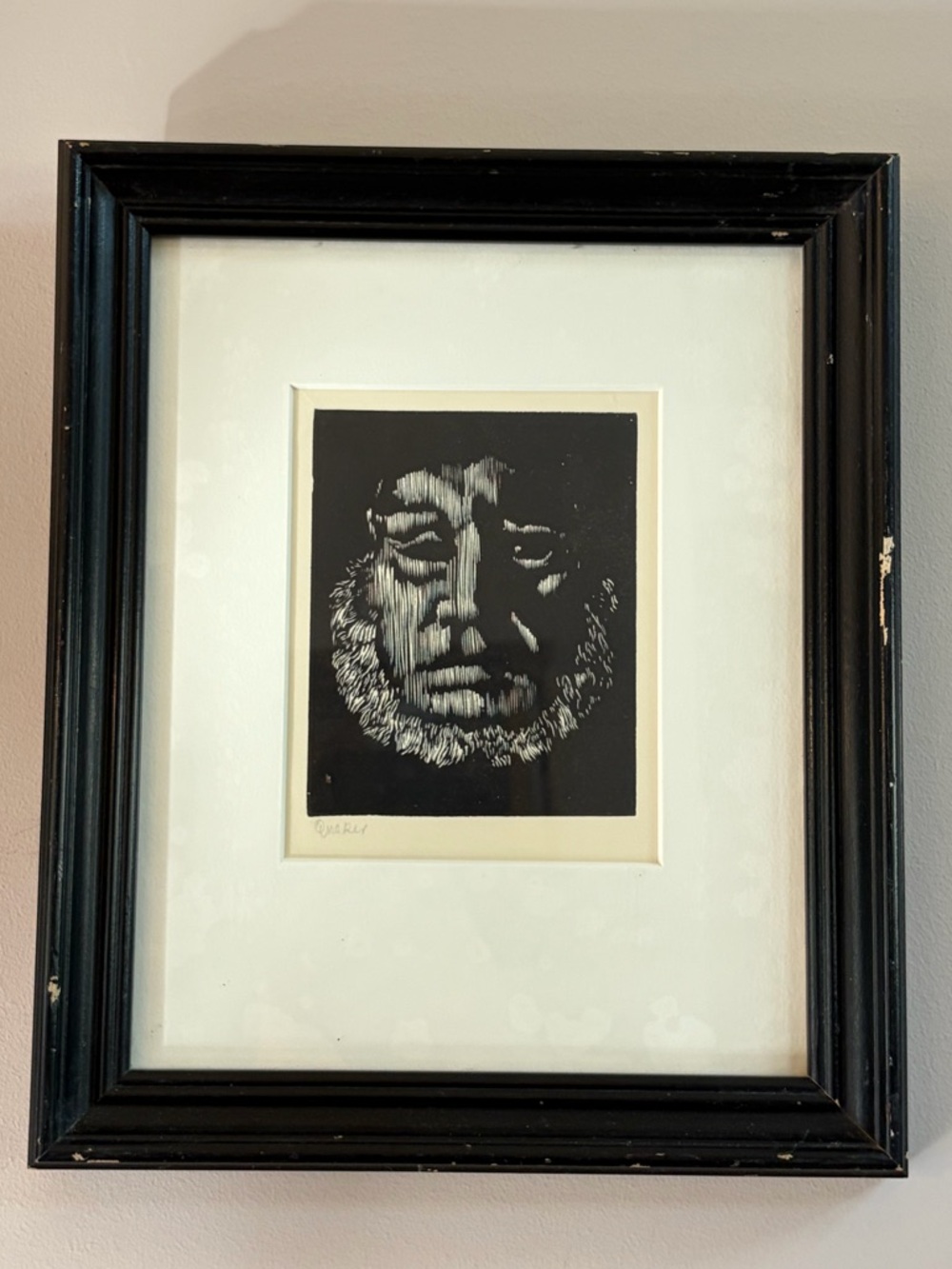 Vintage Artist Signed Figure Block Print Artwork Art, Framed Wall Decor